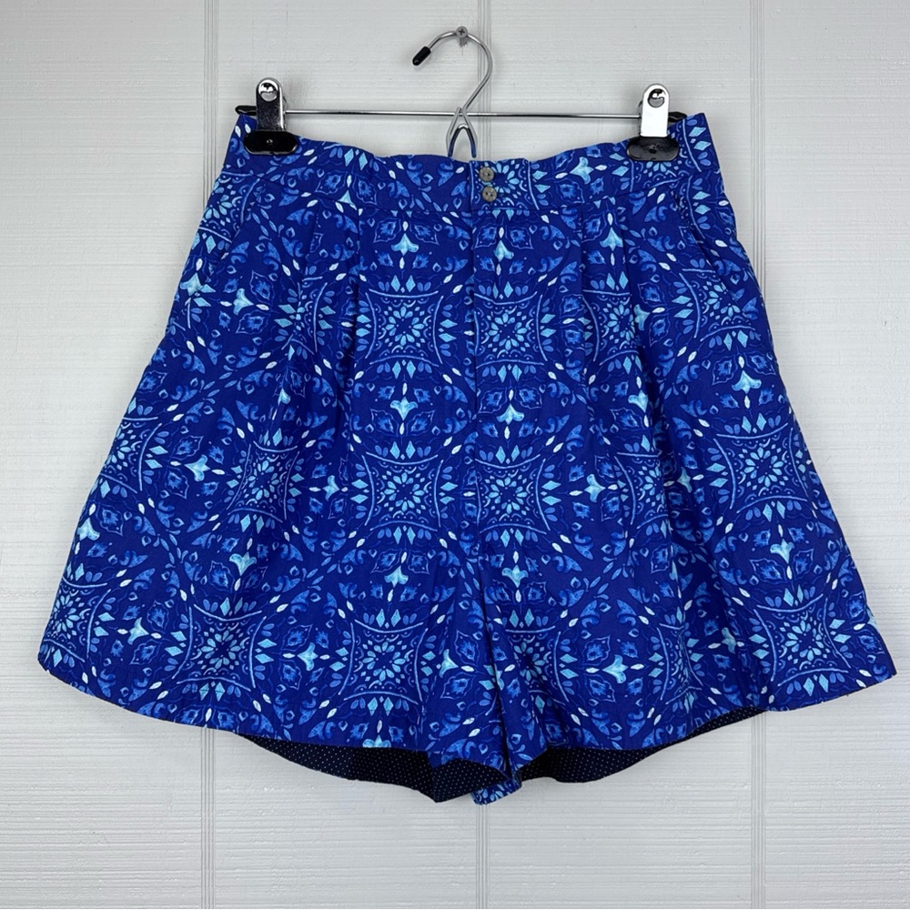 Anthropologie Maeve Blue Geometric Patterned Shorts Elastic Waist Cotton 8 - Picture 1 of 6